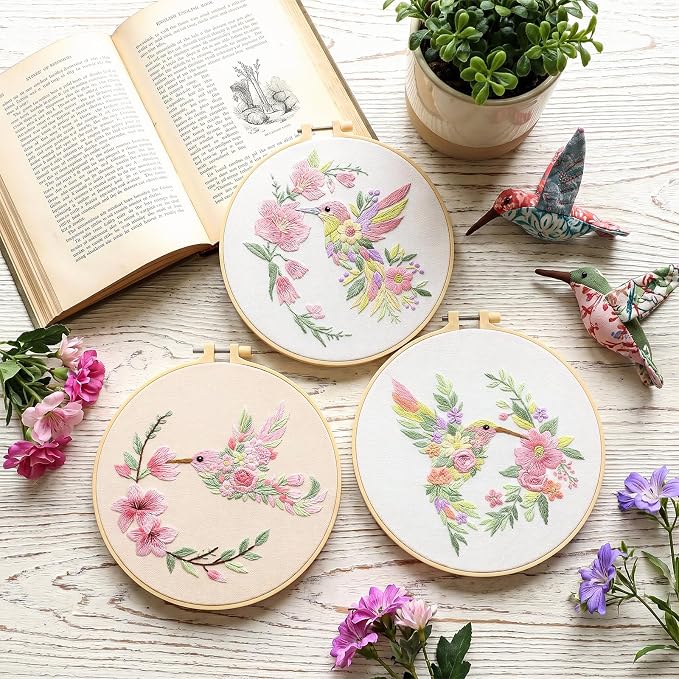 Mindsoft 3 Set Needlepoint Kit for Beginners with Hoop,Flower Hummingbird | Bamboo Hoop Thread Needles Instructions, Easy Hand Embroidery for Beginners Home Crafts,Pre-stamped Funny Cute Designs