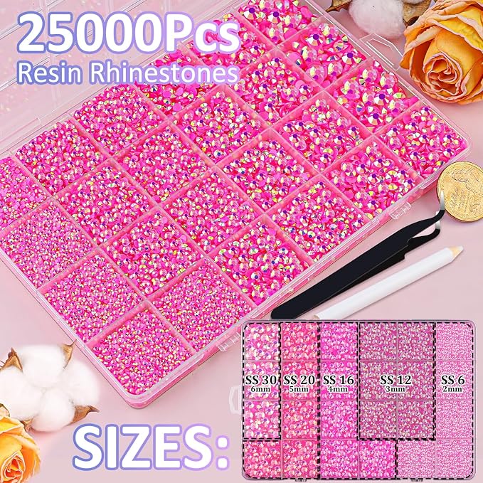25000Pcs Resin Rhinestones for Crafting, Hot Pink AB 2-6mm Mixed Sizes Non Hotfix Flatback Gems with 1Pcs Glue, Bedazzling Crystal for DIY Craft Clothing Mugs Tumblers Shoes Fabric Decor Nail Art