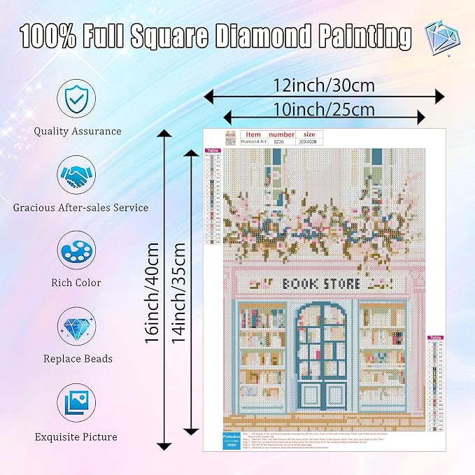 Ausanrl Bookshop Square Diamond Painting Kits - Square Drill Diamond Paintings Bookstore,Square Diamond Art,DIY Gem Painting for Adults and Crafts for Gifts and Home Wall Decor 12x16inch