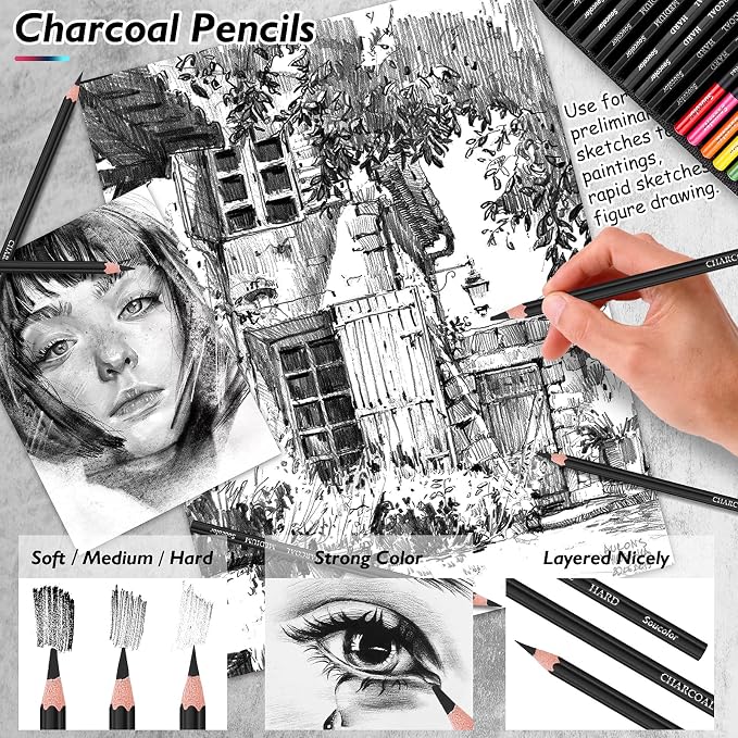 Soucolor 73Pcs Art Supplies Drawing Kit Sketch Pencils Set Adults Gift | 73-Piece Art Set Includes Sketch Book, Coloring Book, Graphite Pencils, Watercolor Pencils & Portable Case for Artists