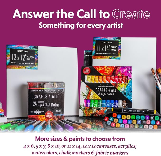 Crafts 4 All Stretched Canvas Boards for Painting - 12 Pack of 8x10 Blank Art Canvases, Framed Canvas for Painting with Acrylic & Oil Paint, Pencil, Pastels, Charcoal