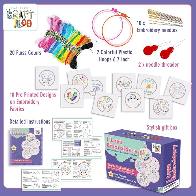 Embroidery Kit for Kids Ages 7-13 - 10 Pre-Stamped Beginner Patterns