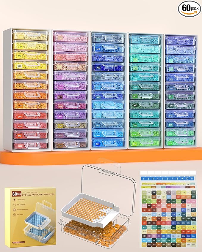 Redtwo 60 PCS Diamond Painting Storage Containers Trays, White | 3-in-1 Diamond Painting Trays with Lids, Detachable Trays, 5 Adjustabe Racks, Diamond Art Accessories, Diamond Art Storage
