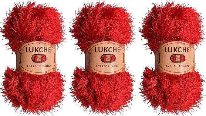 Eyelash Fun Fur Yarn Premium 100% Polyester 164 Yds (150 Mt), 3.53 Oz (100 Gr) Colorful Crochet Yarn Dıy Hand Knitting. (Red, 3 Skein)