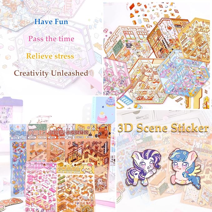 DIY 3D Sticker for Kids, 6 Sets of Cute Stickers for Girls Kids Fun Scenes Stickers Adult Isometric Sticker Scene Reuseable Waterproof Stickers