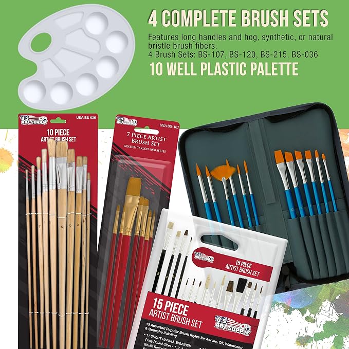 U.S. Art Supply 133-Piece Artist Painting Kit - Aluminum & Wood Easel | 24 Each (Acrylic, Oil, Watercolor Paints), 8 Canvases, 44 Brushes, 4 Paint & Sketch Pads - Painting Kits for Adults, Gift Set