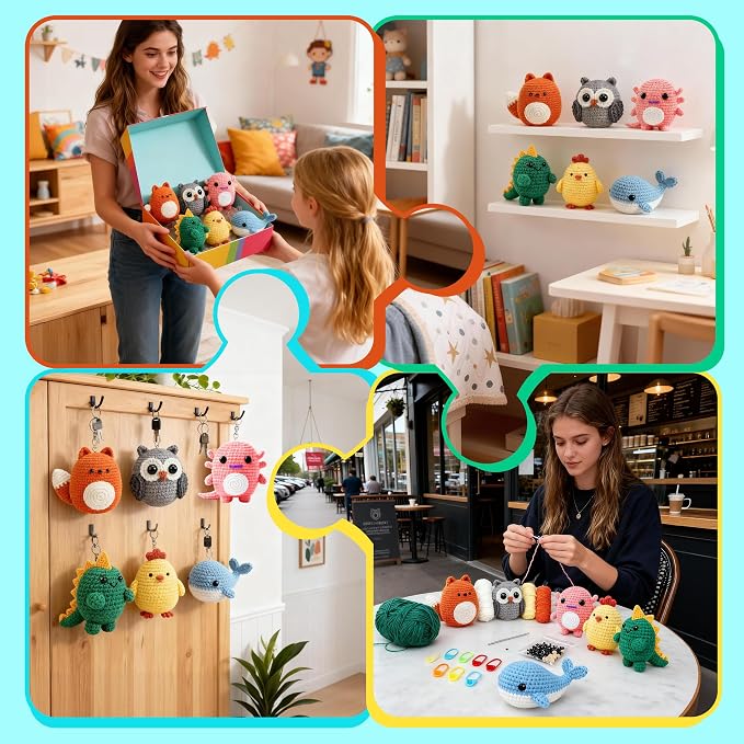 Joyclub Crochet Kit for Beginners 6 Animal Family with Video for Adults | Amigurumi animal with step-by-step video and 40% extra yarn for first projects crochet starter; DIY gifts for adult crafters