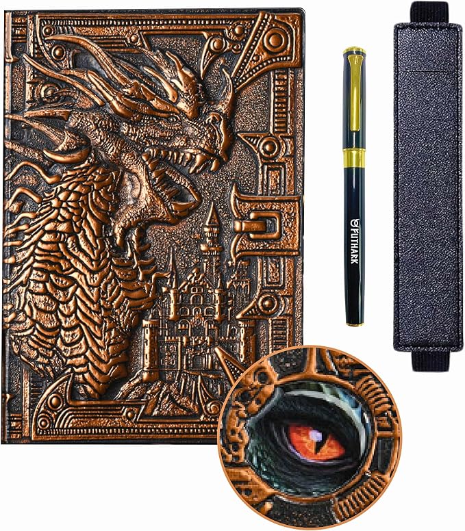 Futhark DND Notebook/Journal - 200 Pages with 3D Bronze Dragon Embossed Faux Leather Cover with Pen and Pen Holder - Ideal for Dungeons & Dragons/D&D. Great RPG Accessories Gift for DM & Players