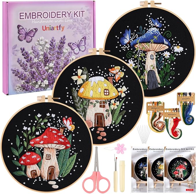 Uniartfy 3 Sets Embroidery Kit for Adults Beginners, Needlepoint Kits Cross Stitch, Hand Embroidery Starter Kit with Mushroom Stamped Patterns, Hoop, Tools, Colorful Threads with Needles, Instructions