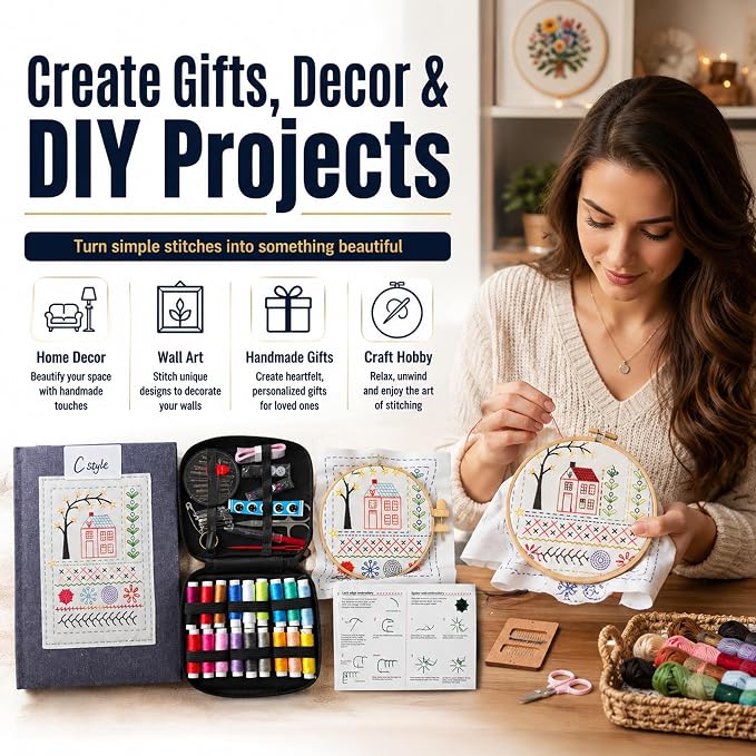 Embroidery Kit for Beginners | Video Tutorial, 3pcs Hoops, 106 Patterns, 65 Water Soluble Designs, 86PCS Sewing Supplies Set | Cross Stitch Book Kit | DIY Needlework Starter Craft Gift for Adults