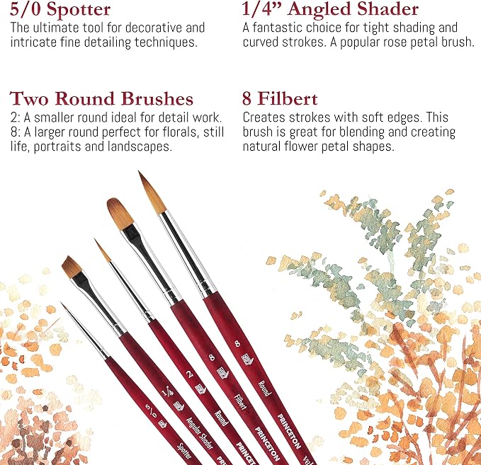 Princeton Velvetouch Series 3950 - 5pc Professional Paint Brushes for Acrylic Painting - Oil, Watercolor & Acrylic Paint Brushes Set - Spotter 5/0, Angle Shader ¼”, Round 8, Filbert 8, Round 2 | 4pc Watercolor Brushes Professional Soft Synthetic Squirr...