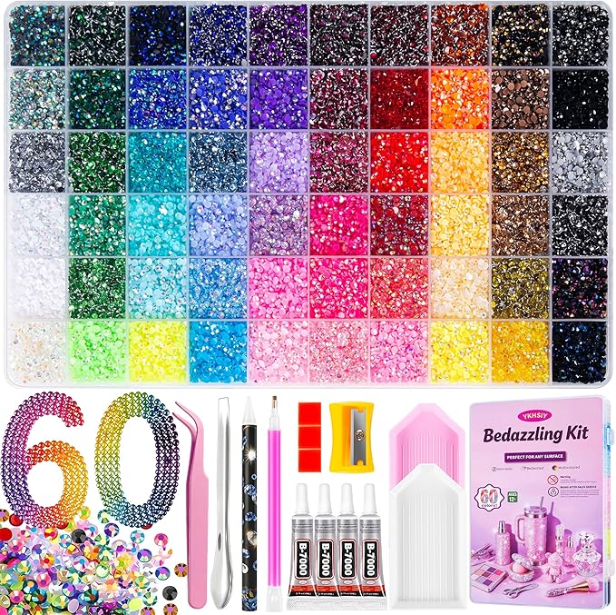 Bedazzling Kit 48000Pcs 60 Colors Resin Jelly Rhinestones, Multicolor 3mm Flatback Gems for Diamond Art, Bedazzler Kit with 4Pcs 10ml B7000 Jewelry Glue & Tools - Christmas Birthday Gifts for Women