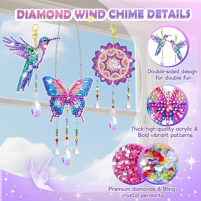 Diamond Art Kits for Kids Ages 8-12, 3 PCS DIY Gem Art Suncatchers for Kids