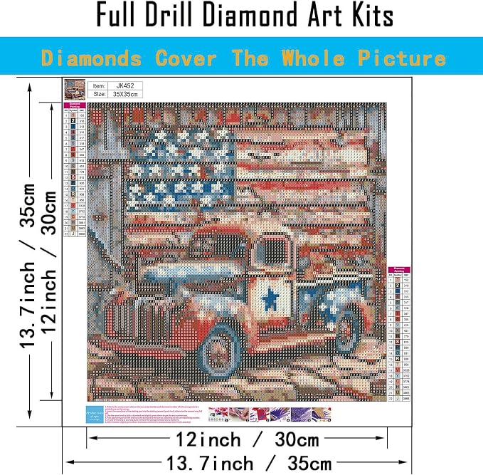 CHWGLFGG 5D Truck Diamond Art Kits for Adults Beginners 13.7x13.7inch | American Flag Diamond Painting Kit, DIY Full Round Drill Paint by Diamonds Dot Gem Art for Adult, Home Wall Decor