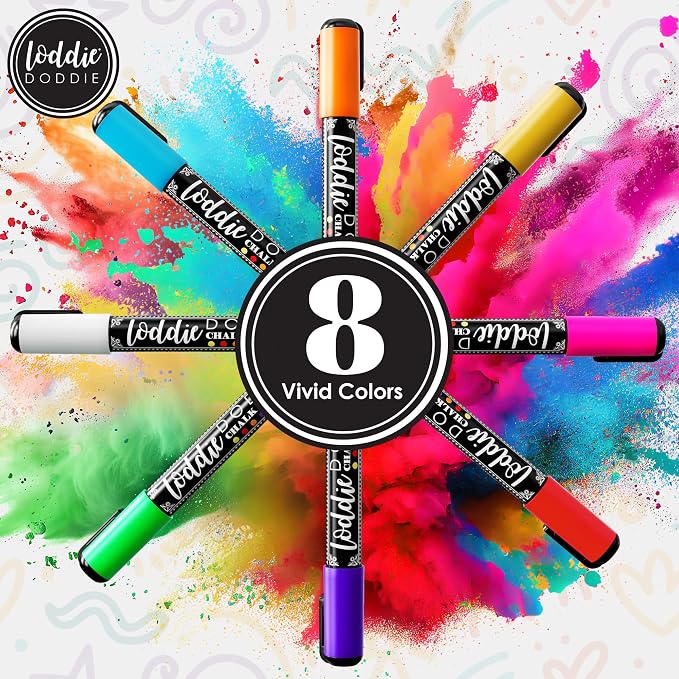 Loddie Doddie Liquid Chalk Markers, Chalkboard Markers, Dual Tips, 8 Pack | Classroom & Office Labels, Glass Markers for Windows, Non-Toxic Low Odor, Vivid Colors, Chalk Markers for Blackboard