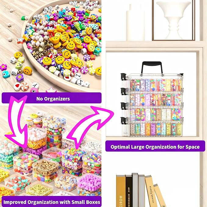 Bead Organizer Box 120 Pcs, 4-Tier Large Capacity Stackable Bead Storage Containers, Portable Plastic Craft Organizers for Jewelry Making, Bracelets, DIY, Nail Art Charms