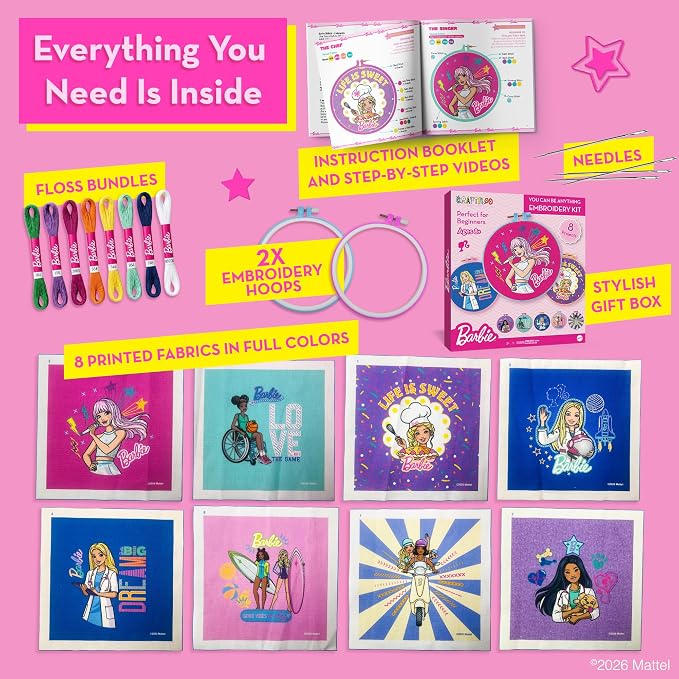 Barbie® Embroidery Kit for Kids Ages 8-12 - 8 Beginner Designs, 2 Hoops