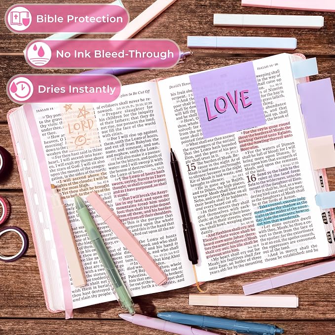 48 Pcs Bible Study Supplies for Women, Bible Journaling Kit Includes Bible Pencil Case, Tags, Pens, Highlighters, 4 Color Clear Sticky Notes, Notebook, 15 Clips, 4 Rolls of Washi Tape & More (Pink)