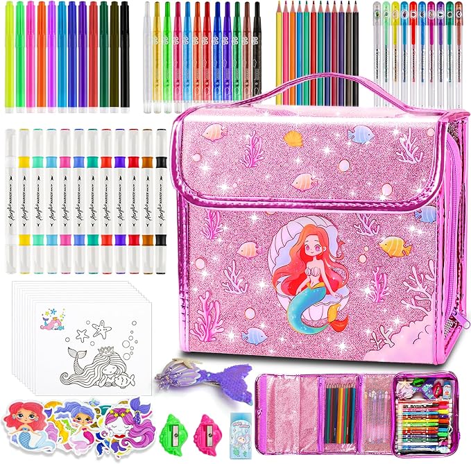 98Pcs Washable Scented Marker Set, Mermaid Pencil Case & Stationery Art and Craft for Kids Coloring Set Birthday Gift Include Markers, Glitter Pens, Crayons Drawing Kits for Girls 4 5 6 7 8 9 10 11 12