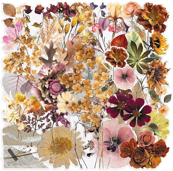 Transparent Flora Scrapbook Stickers 50 Pack, Vintage Aesthetic Flowers Stickers for Scrapbook Journal, Waterproof for Water Bottles Laptop Phone Scrapbook Supplies DIY Crafts(colours-F17)