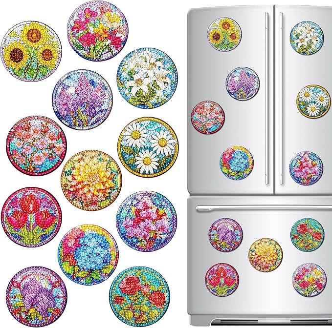 Zonon 12 Pcs Diamond Art Magnets for Refrigerator, Floral Diamond Painting | Pre-made Flower Designs for Fridge Decor, Colorful Floral Craft Kits for Adults, Strong Magnetic Stickers for Home