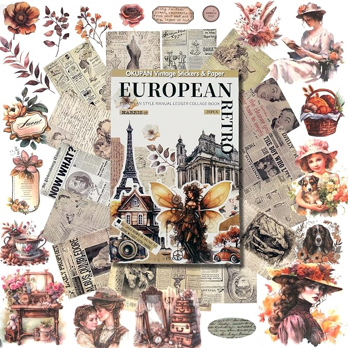 Vintage Scrapbook Stickers and Ephemera Pack – Pre Cut Design Scrapbooking Supplies with 216 Washi Stickers & 30 Papers for Jounk Journaling, Planners, DIY Crafts, Card Making
