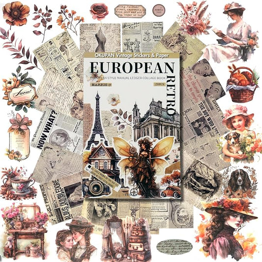 Vintage Scrapbook Stickers and Ephemera Pack – Pre Cut Design Scrapbooking Supplies with 216 Washi Stickers & 30 Papers for Jounk Journaling, Planners, DIY Crafts, Card Making