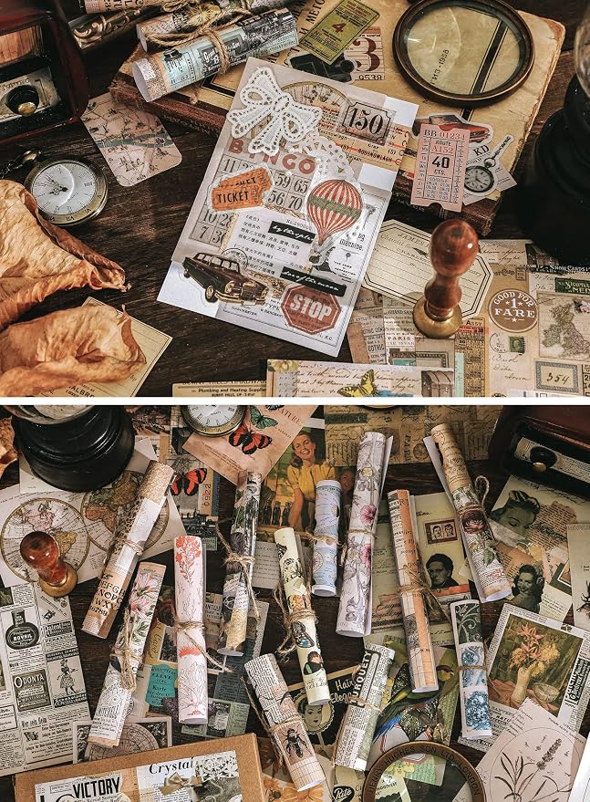 Knaid 200 Pieces Vintage Ephemera Pack Decoupage Paper Junk Journal Kit Scrapbook Planner Sticker Supplies for Art Journaling Bullet Journals Collage Notebooks Album Crafter Gifts (World Memory)