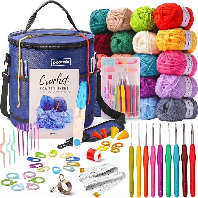 Piccassio Crochet Kit for Beginners – Complete Starter Set for Adults & Teens with 20 Yarn Colors, Hooks, Book & Organizer Bag – Learn to Make Amigurumi, Plushies & Handmade Gifts