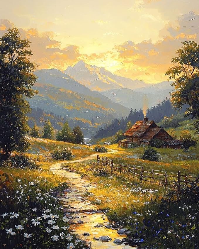 Paint by Numbers Kit for Adults Beginner, Mountain Paint by Numbers Kits | Country Cabin Adult Paint By Number Kits On Canvas Country Oil Paint Kits Adults' Paint-By-Number Kits Home Decor 16x20 Inch