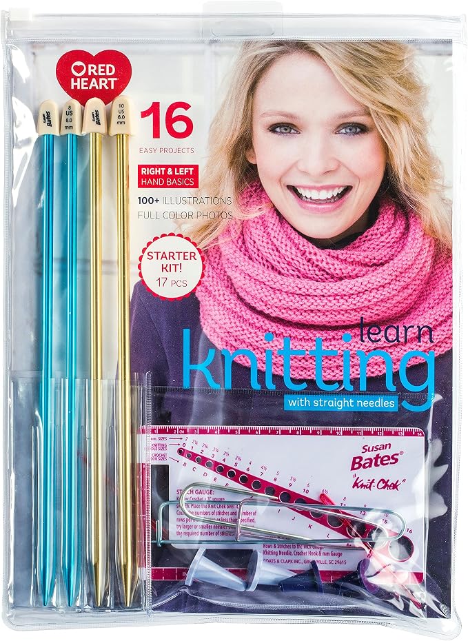 Red Heart Knitting Kit for Beginners, My Knitting Teacher, 17-Piece Set