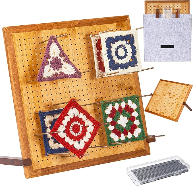 13" Crochet Blocking Board for Granny Square with 25 Pegs(Pins) & Felt Bag | 625 Holes, Blocking Board for Crochet Projects, Adjustable Bamboo Wood Board for Crocheting & Knitting, Gift for Crocheter