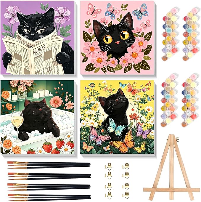 4 Pack Cat Paint by Numbers for Adults with Framed Canvas - Wooden Easel | Black Cat Paint by Number on Canvas, DIY Flower Acrylic Oil Painting Kits with Brushes for Home Wall Decor (8x8 inch)