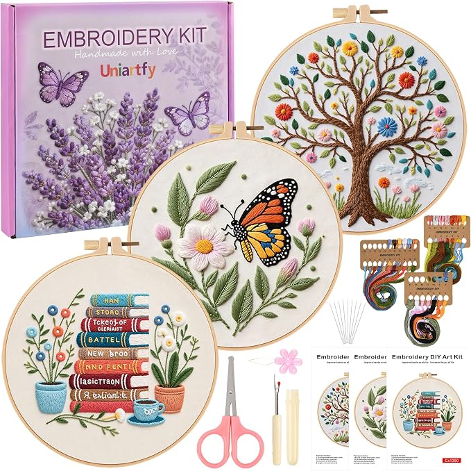 Uniartfy 3 Set Embroidery Kit for Beginners, Butterfly Tree Book Patterns