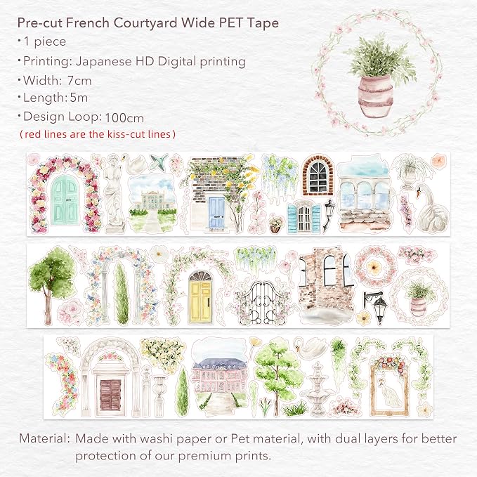 WT Pre-Cut French Courtyard Wide PET Tape, Single Roll, Romantic European Courtyard Style with Floral Designs, Transparent Decorative Tape for Journaling, Scrapbooking, Planner, DIY Crafts