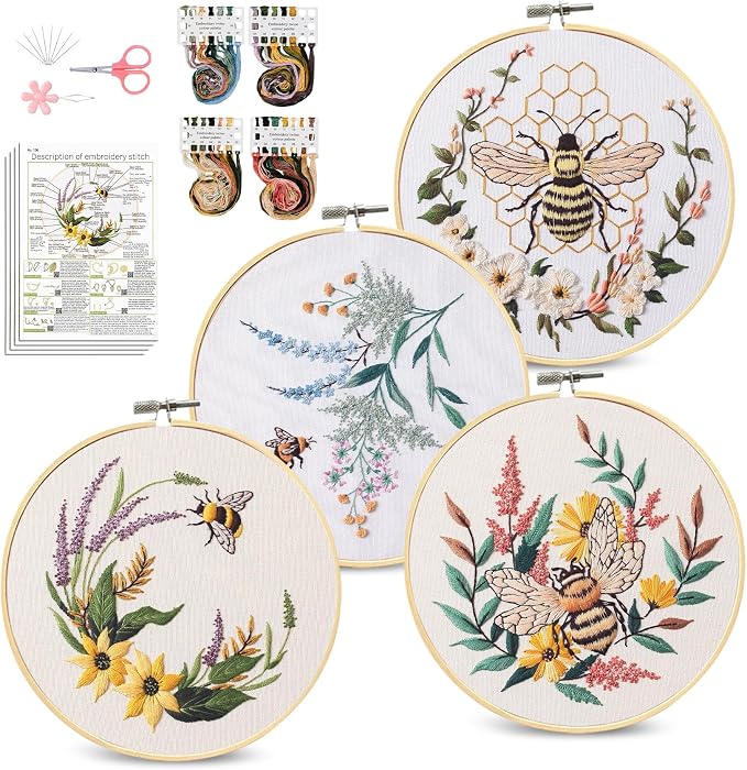 Santune 4 Pack Embroidery Kit for Beginners,Needlepoint Cross Stitch Kits for Adults,Needle Point Sets with Bee Flower Pattern Stitch Video Tutorial