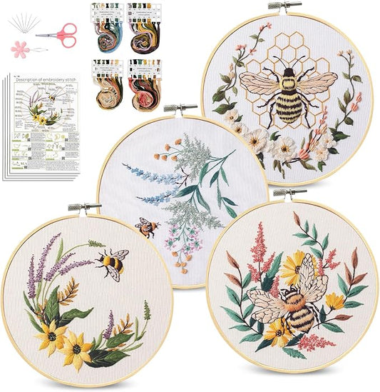 Santune 4 Pack Embroidery Kit for Beginners,Needlepoint Cross Stitch Kits for Adults,Needle Point Sets with Bee Flower Pattern Stitch Video Tutorial