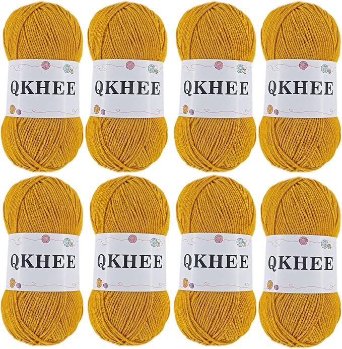 QKHEEYarn for Crocheting and Knitting 8 * 1.76 Oz (50G) /195yd,Fine/Fingering Weight (1), 60% Cotton 40% Acrylic Soft Yarn kit for Making Granny Squares and amigurumi (48#Gold)