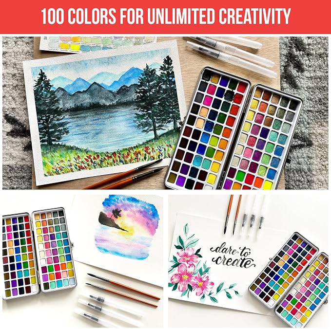 Watercolor Paint Set 100 Vibrant Colors for Adult Beginner Professional | With Metallic Colors. Travel Size Water Color Art Kit Palette for Adults & Beginners. Portable Watercolors, Artist Gifts Idea