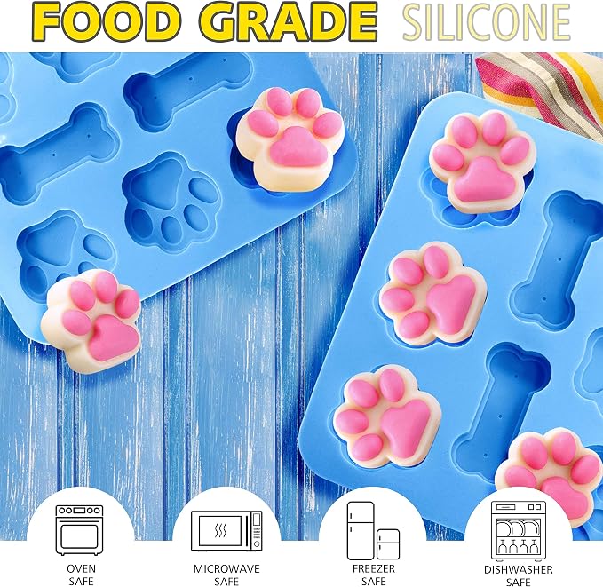 Anaeat 2 Pack Silicone Molds with Puppy Dog Paw and Bone Shaped 2 in 1, Reusable Non-Stick Ice Cube Trays & Flexible Candy Chocolate Molds for Homemade Dog Treats, Pudding & Baking Biscuit (Blue)