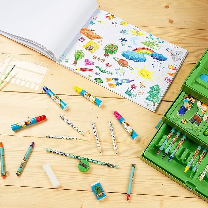 Minecraft Colored Pencils Art Supplies Set Crayons Watercolor Paints Colored Markers Coloring Drawing Kit Creeper Art Set Case Gamer Gifts for Boys (Pack of 3)