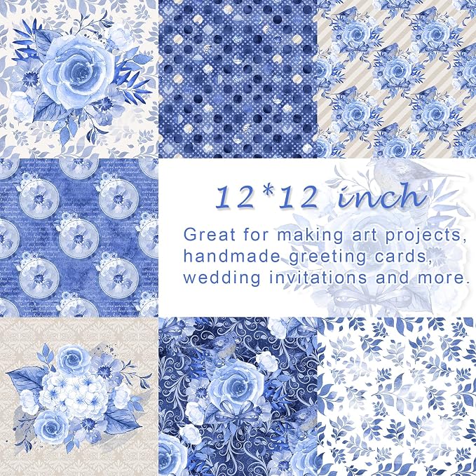 28 Sheets Scrapbook Paper, Floral Scrapbooking Specialty Papers 160gsm Cardmaking Craft Paper Pack Decorative Paper for Card Making (12"X12" Inch, Blue Flowers)