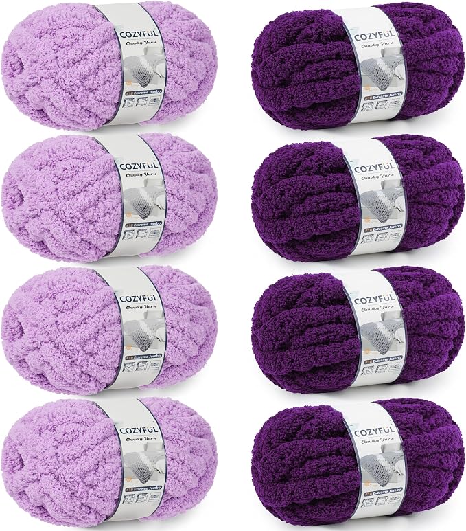 Cozyful Chunky Yarn for Hand Knitting - #10 Chunky Chenille Yarn, Jumbo Big Thick Chunky Yarns for Crocheting, Super Bulky Chunky Knit Blanket Yarns, 8 Skein (22yd, 8oz/Skein), Multi Purple