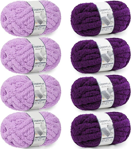 Cozyful Chunky Yarn for Hand Knitting - #10 Chunky Chenille Yarn, Jumbo Big Thick Chunky Yarns for Crocheting, Super Bulky Chunky Knit Blanket Yarns, 8 Skein (22yd, 8oz/Skein), Multi Purple