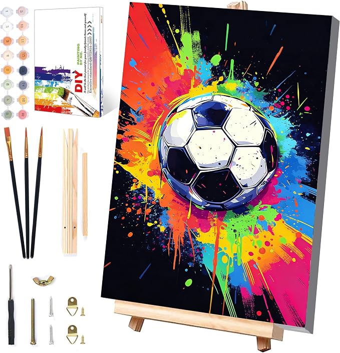 Soccer Paint by Numbers Kit for Kids with Framed Canvas - with Wooden Easel | Ball Sports Paint by Numbers for Kids Ages 8-12, Easy Acrylic Oil Painting Kits with Nice Gift Box for Wall Decor (12x8 inch)