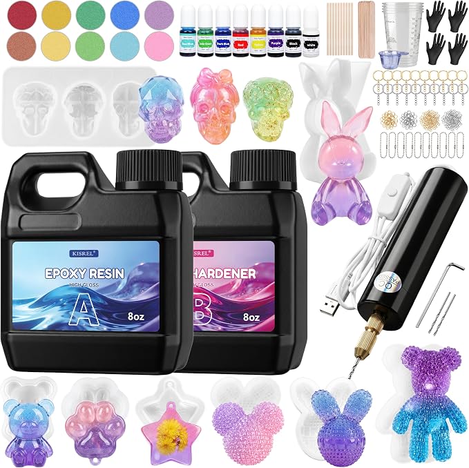 KISREL Epoxy Resin Kit 16OZ with 3D Molds, Electric Drill, Color Dyes Tools | Pigments & Craft Tools, Electric Hand Drill for Jewelry, Resin, Plastic, Great for jewelry, resin art & DIY gifts