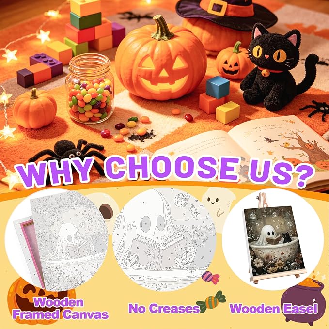 4 Pack Ghost Paint by Numbers for Adults with Framed Canvas - Wooden Easel | Halloween Paint by Number on Canvas, DIY Ghosts Acrylic Oil Painting Kits with Brushes for Home Wall Decor (8x12 inch)
