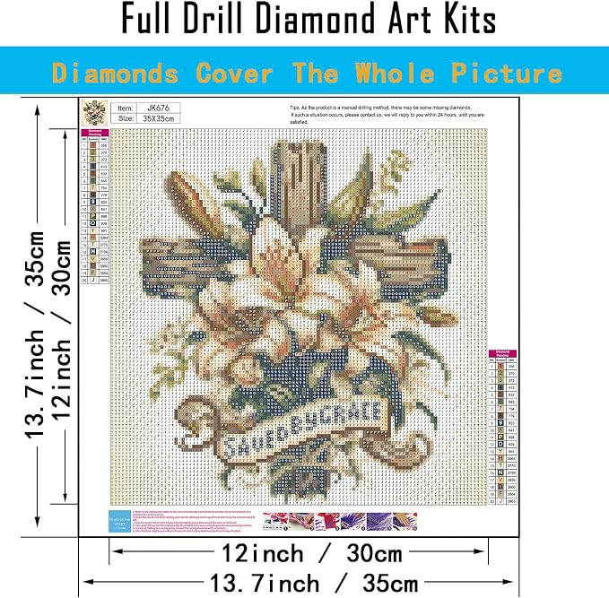 CHWGLFGG 5D Cross Diamond Art Kits for Adults Beginners 13.7X13.7Inch | DIY Full Round Drill Diamond Painting Kit Religious Cross With Lily Flowers, Paint by Diamonds Dot Gem Art, Home Wall Decor