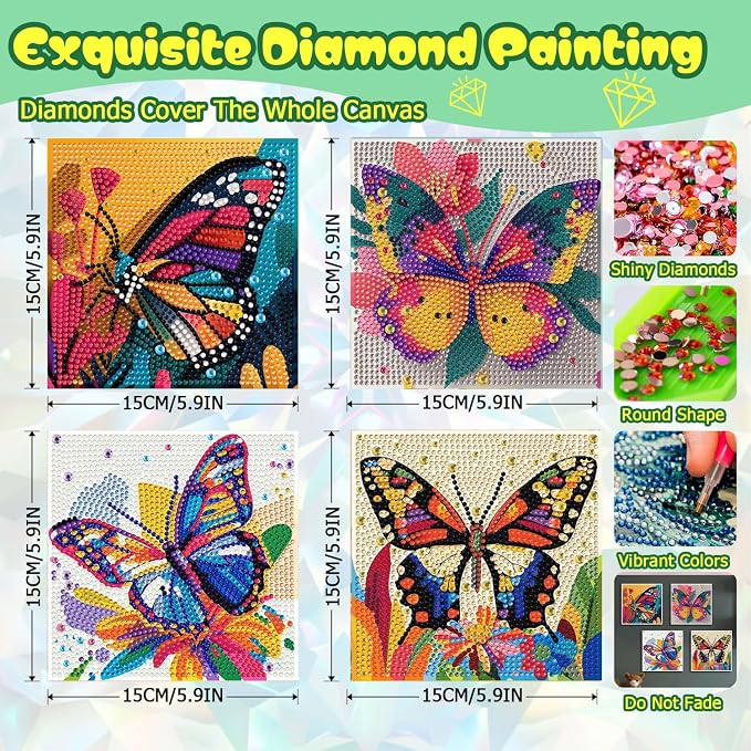 ICYANART 4 Pack Butterfly Diamond Art Painting Kits for Kids 6x6 Inch | Butterfly Diamond Art Kits for Kids Ages 6-8-12, Small Diamond Art Kits for Kids, Easy Art and Craft for Kids (no Frame)