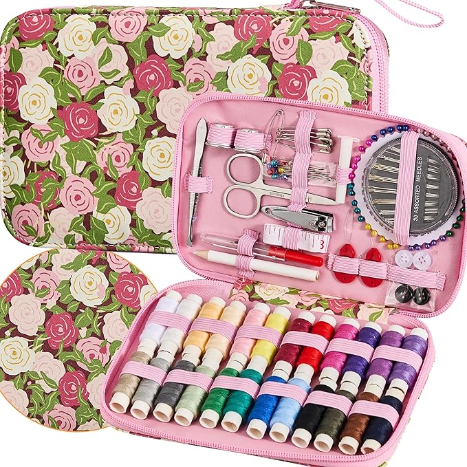 Rose Floral Sewing Kit with 130 PCS Sewing Supplies Accessory,PU Zipper Sewing Needles Set, Professional Travel Sewing Kit for Adults,Emergency, Beginners